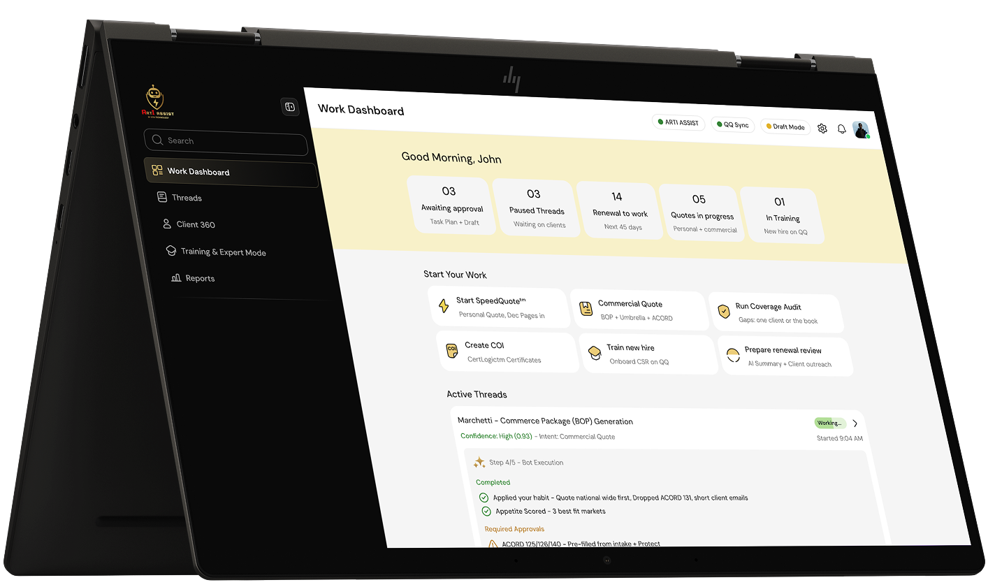 Arti Assist interface running alongside the Protect insurance platform on a laptop