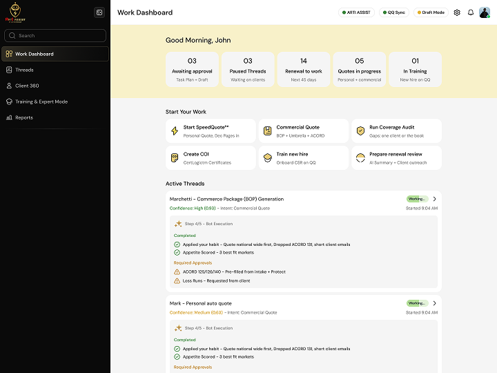 Arti Assist workspace showing task threads and advisor execution controls